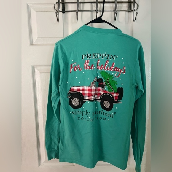 Simply Southern Preppin for The Holidays Sm Long Sleeve T Shirt Doggy Sea Foam - Picture 1 of 8